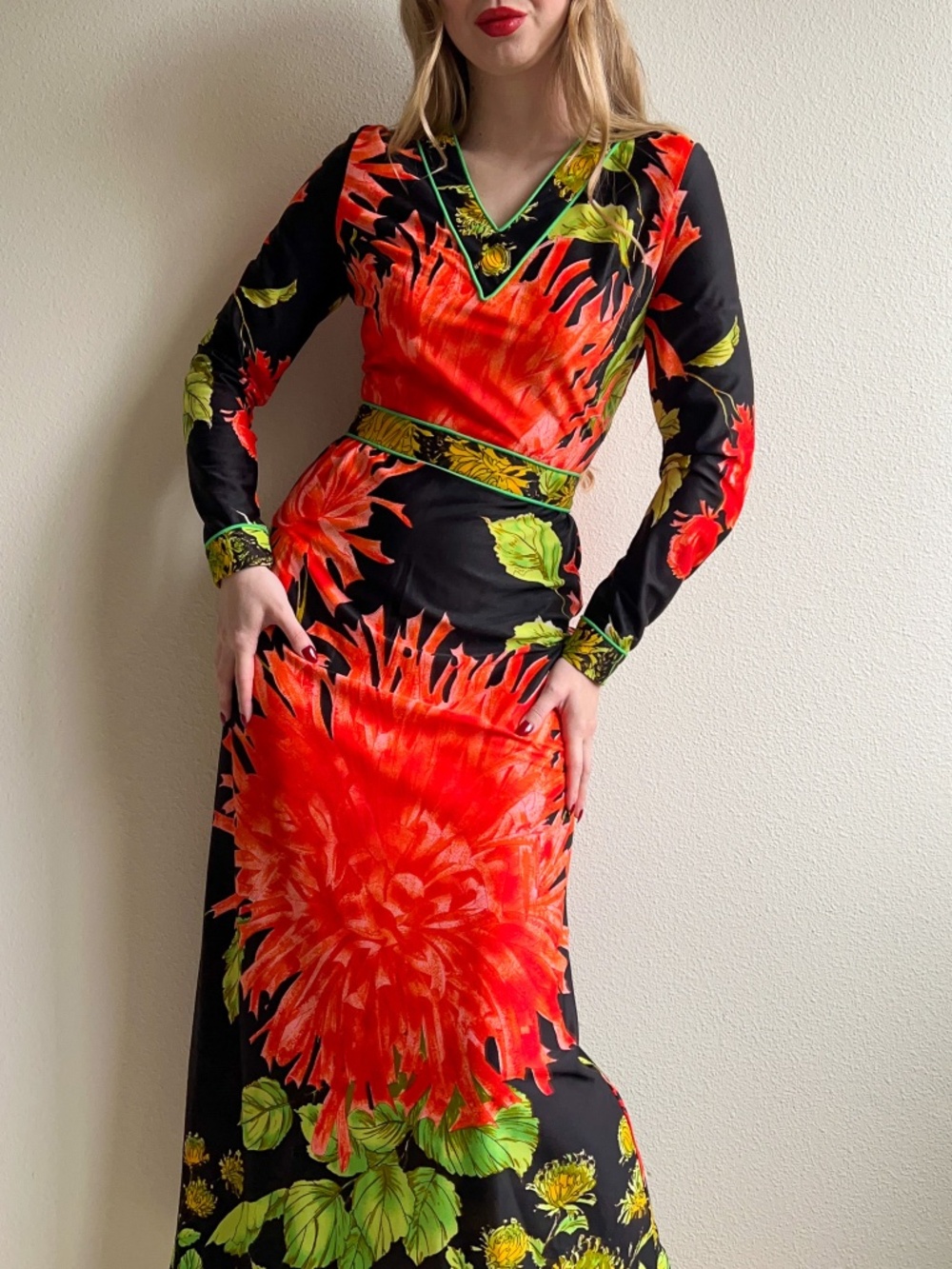 Vintage 1970s Black Maxi Dress With Bright Coral Flower Print (S)